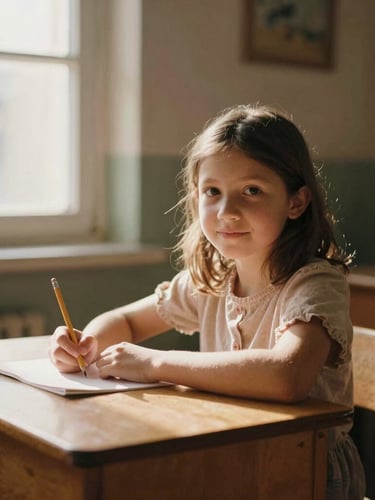 A warm, respectful portrait of a young girl sitting at a simple wooden desk, holding a pencil, soft sunlight streaming from a side window, warm earth tones, shallow depth of field.