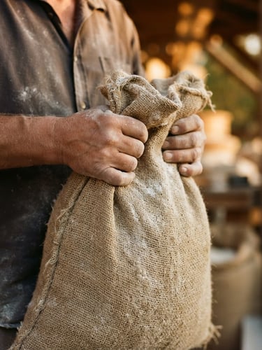 Warm documentary photography of hands holding a heavy burlap sack of flour, golden-hour natural light, rich earth tones, shallow depth of field, 35mm film