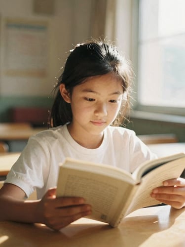 A warm, dignified environmental shot of a young girl in a clean, simple classroom holding an open book, soft natural light streaming from a window, shallow depth of field, 35mm film.