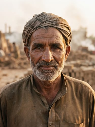 A close-up portrait of a brick kiln worker in Pakistan, looking directly into the camera with quiet dignity, warm golden-hour sunlight illuminating his face, soft dusty clay background, shallow depth of field, 35mm film style.