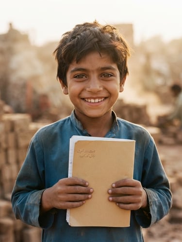 Close-up portrait of a young Pakistani boy smiling warmly, holding a clean notebook, golden-hour natural light, dusty brick kiln background with soft focus, warm earth tones, 35mm film.