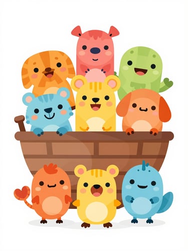 Flat vector illustration of a cheerful Noah's Ark filled with cute cartoon animals, bright primary colors, playful style, clean geometric shapes