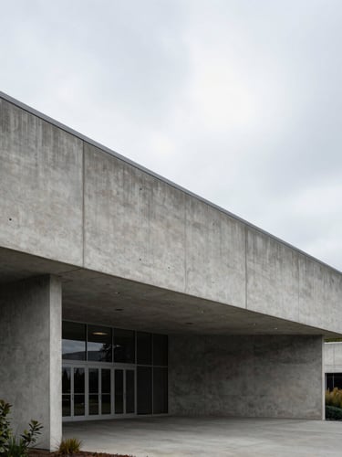Cool, overcast Pacific Northwest day, a modern concrete civic building entrance with clean lines, sharp architectural angles, and soft diffused light.