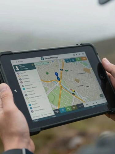 A close-up of a hand holding a rugged digital tablet displaying real-time GPS coordinates and a ServeManager dashboard, overcast outdoor lighting