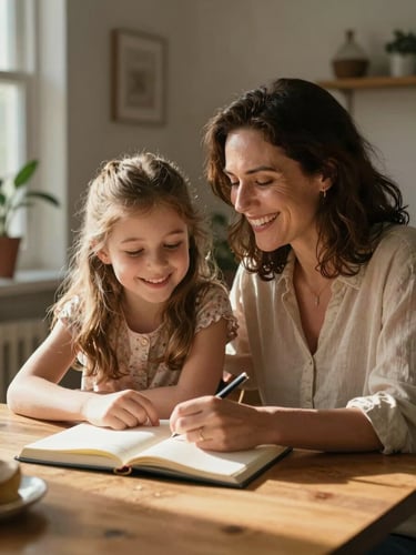 A warm portrait of a mother and daughter sitting together at a wooden dining table, soft afternoon sun lighting the space, sharing a quiet moment of laughter over an open notebook.