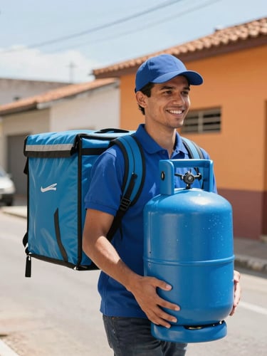 Bright commercial photography of a friendly delivery courier in a neat uniform carrying a clean blue gas cylinder on a sunny street of Camaçari, warm natural daylight, 35mm lens