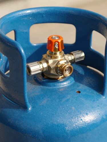 Close-up of a clean blue gas cylinder with a shiny orange safety seal on the valve, bright commercial photography, warm natural daylight, sharp focus
