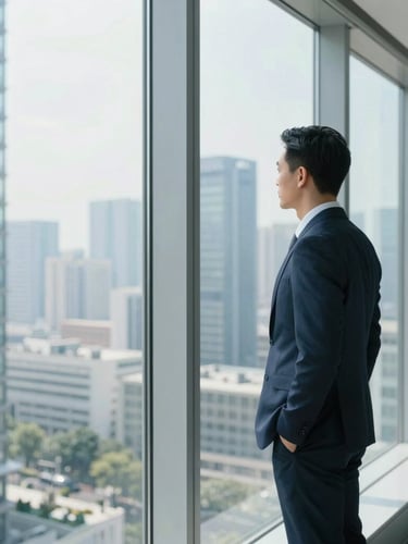 Bright editorial photography of a professional looking out a high-rise office window over a modern cityscape, soft natural daylight, cool blue tones, 35mm lens.