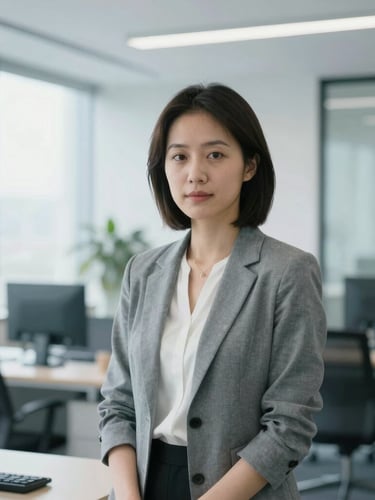 Medium environmental portrait of a professional woman in a bright, modern corporate office, soft overcast daylight, cool blue tones, 35mm lens