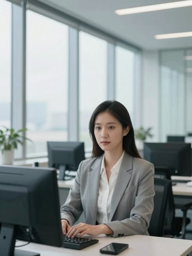 A professional candidate in a bright, modern glass-walled workspace, soft natural overcast daylight, cool blue tones, 35mm portrait