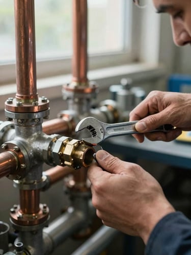Close angled view of a technician's hands tightening a pipe fitting with a wrench on an exposed plumbing manifold, natural daylight from a nearby window, copper and steel piping visible in the background, honest workshop light, no posing