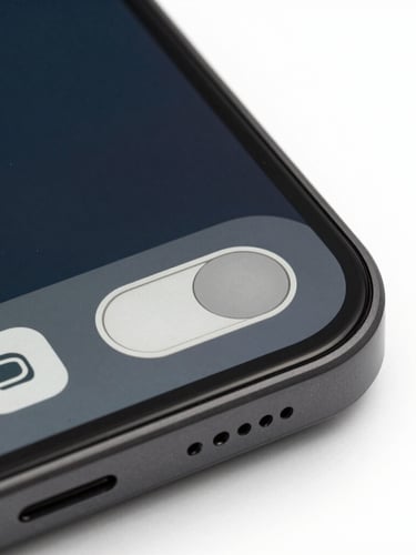 Angled macro render of a clean Android utility interface on a physical device screen, sharp focus on a minimalist toggle switch, stark white background with soft charcoal shadows, diffuse studio lighting.