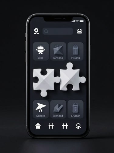 Macro studio render of a minimalist mobile game interface on an Android device, sharp geometric puzzle shapes, high contrast dark mode UI, diffuse lighting