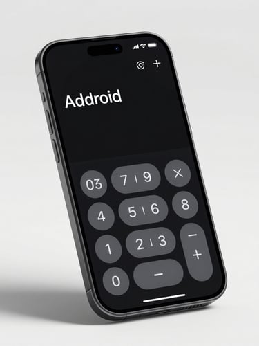 A high-fidelity digital render of an Android phone displaying a minimalist dark-mode calculator interface, clean typography, stark shadows, angled perspective.