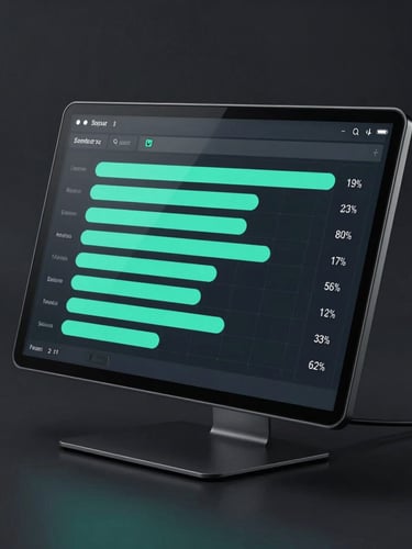 High-fidelity angled device mockup showing a minimalist system monitor interface with clean teal progress bars on a dark charcoal background.