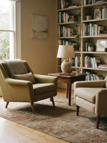 Acolhedor consultório de psicanálise com duas poltronas vazias, luz natural suave, ambiente calmo e profissional, estilo editorial, foco em espaço vazio e convite à reflexão.