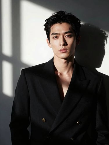 Editorial portrait of a sophisticated model in minimalist black apparel, dramatic low-key window lighting, deep shadows, 35mm