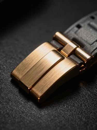 Extreme close-up of brushed gold watch clasp, dramatic studio lighting, deep shadows, stark black and white, 35mm