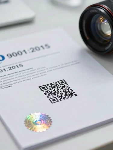 A close-up of an official ISO 9001:2015 registration certificate on a clean slate desk, showing a holographic seal and a prominent QR code for digital verification, bright clinical lighting.