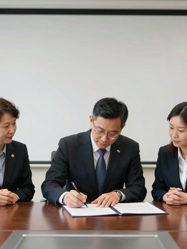 A formal institutional MOU signing ceremony, a clean daylight-balanced university boardroom, college principal signing papers next to a healthcare foundation representative, crisp professional atmosphere, medium-close shot.