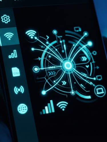 Sleek close-up shot of an Android smartphone screen displaying network settings, glowing neon cyan ambient light, dark mode aesthetic, 35mm photography
