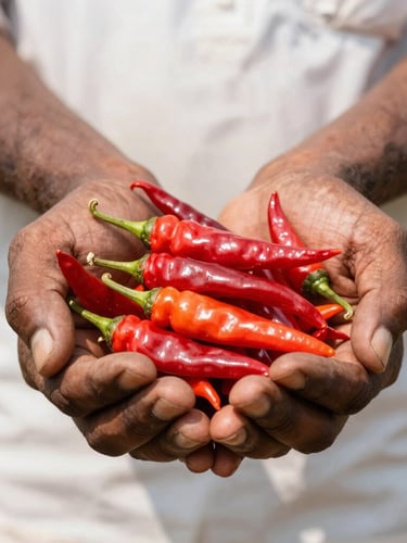 Hands of an Indian farmer holding freshly harvested red Guntur chillies under bright, high-contrast tropical sunlight, sharp details, 35mm