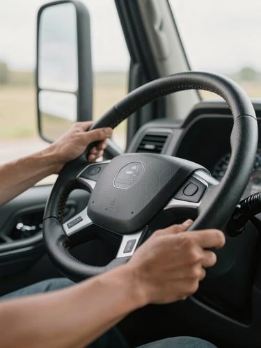 Close-up of experienced driver hands firmly holding a modern truck steering wheel, soft morning sunlight illuminating the cabin dashboard, clean and professional setting