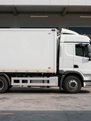 Side profile of a pristine white modern transport truck parked at a clean, structured loading bay in Çerkezköy, cinematic lighting, sharp details