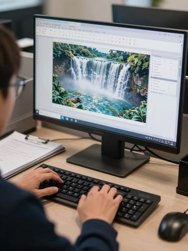 Over-the-shoulder environmental shot of a fund accountant at a wide-format monitor displaying a waterfall distribution model in Excel, hands resting on keyboard, deal binder open to the left, office ambient lighting, no face visible, institutional workspace, precise and quiet