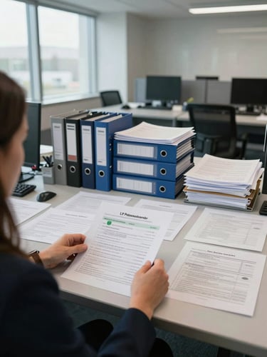 Wide environmental shot of a fund operations room, over-the-shoulder angle of a professional reviewing LP audit documentation spread across a large desk, compliance binders and a terminal visible in the background, cool office ambient daylight from tall windows to the left, no faces visible, institutional workspace atmosphere