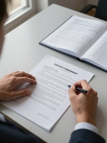 Over-the-shoulder wide angle of a practitioner's hands reviewing a printed private equity fund limited partnership agreement on a wide desk, red-line annotations visible in the margin, a second open binder with capital account schedules to the right, daylight from a window at the far left edge, no face visible, paper and ink textures sharp in foreground