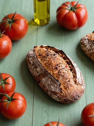 Overhead table spread of rustic sourdough, heirloom tomatoes, and olive oil under warm Scandinavian natural daylight, rich crimson and forest green tones, shallow depth of field, 35mm