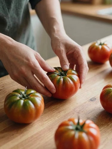 A close-up of hands prepping fresh heirloom tomatoes on a rustic wooden counter in a warm Scandinavian-style kitchen, soft natural daylight casting moody shadows, 35mm photography