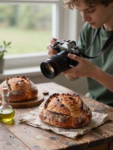 A photographer adjusting a camera lens over a rustic table spread of freshly baked sourdough bread and olive oil, warm afternoon window light, 35mm