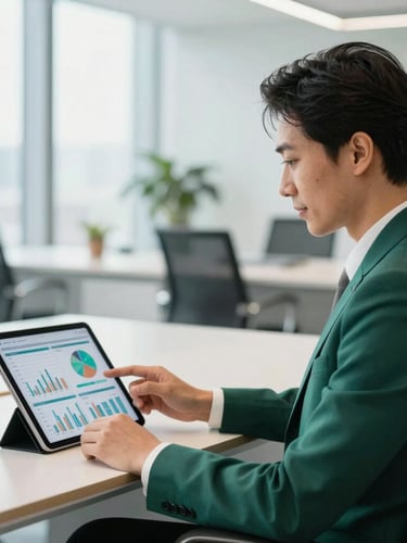 polished editorial photography, bright natural office light, sophisticated emerald and gold tones, shallow depth of field, 35mm. A confident leader sitting in a modern high-end office, looking at a tablet screen displaying sales dashboards.