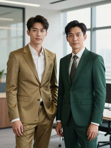 Polished editorial portrait of two business partners in elegant dark green and gold tailored suits, modern office background, soft natural light, confident expressions, 35mm