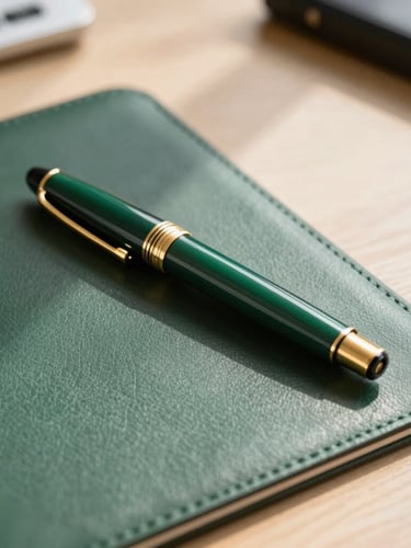 Close-up of a high-end fountain pen on a dark green leather desk pad, gold details, warm sunlight, sophisticated corporate atmosphere, 35mm