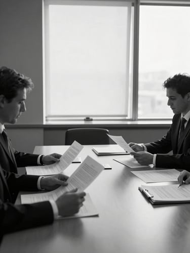 Wide shot of a quiet conference room, two professionals seated across a table reviewing documents, north-facing window light casting soft shadows, black and white, hands visible on papers, no faces prominent