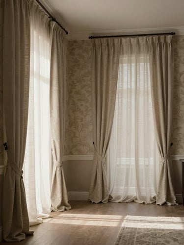 Wide interior shot of a finished living room with linen curtains drawn half-open, patterned wallpaper visible on the back wall, soft morning daylight entering from the left, no people, neutral warm tones, architectural framing