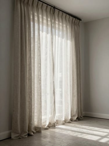 Wide interior shot of a finished living room, soft north-facing natural daylight raking across a linen curtain panel, pale grey wall behind it, architectural proportions visible, empty of people, shot at room scale to show material in situ
