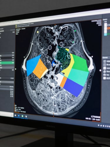 Extreme close-up of a high-resolution monitor screen displaying a segmentation algorithm output over a medical imaging scan, color-coded region overlays, cool studio lighting, no reflections, technical interface visible at edges