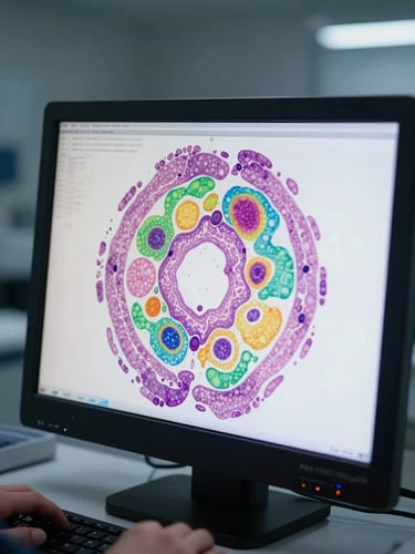 Close-up of a medical imaging workstation screen showing histopathology tissue segmentation with colored region overlays, cool white laboratory lighting, hands resting near keyboard partially visible at bottom edge, dark background surroundings