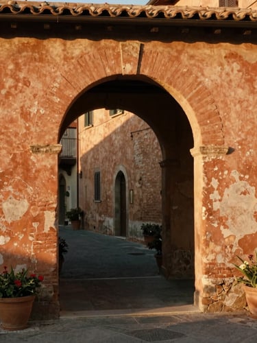Atmospheric architectural details of a weathered terracotta archway in a quiet Italian village, warm side-lighting casting long shadows, cinematic 35mm film grain.