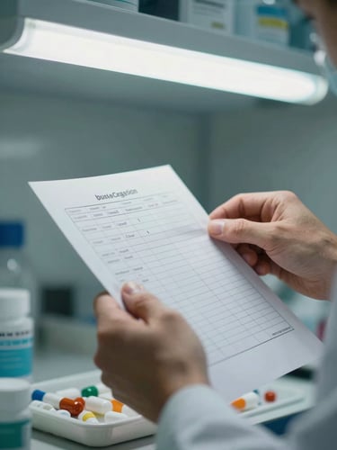 Close-up of male clinical professional hands reviewing a printed medication chart under cool fluorescent light, a drug dispensary tray visible in the lower frame, precise clinical environment, sharp focus, no faces visible
