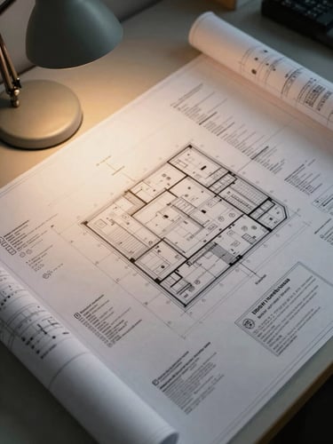 Close-up overhead flat-lay of large-format technical site plans and engineering blueprints spread across a drafting desk, a desk lamp casting cool directional light from the left, a stamped municipal permit visible at the lower right corner, sharp detail on dimension lines and annotation text, muted institutional environment