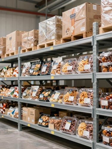 A sharp editorial photograph of a modern, clean cold-storage warehouse facility, steel shelves with premium food packaging, bright natural daylight, rich organic tones, 50mm lens