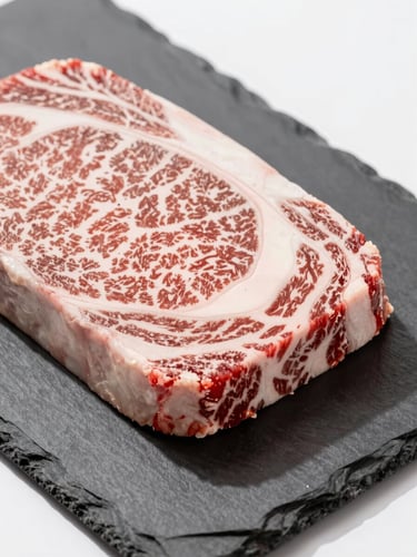 Close-up of premium marbled beef cut on a clean dark slate, natural bright daylight, rich organic tones, sharp focus, 50mm lens