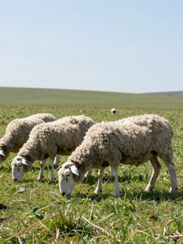 Healthy sheep grazing in an expansive natural green pasture under bright clean daylight, wide environmental shot, sharp focus