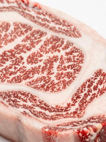 Macro shot of premium raw wagyu beef marbling, bright natural daylight, rich red and white organic tones, sharp focus, 50mm lens