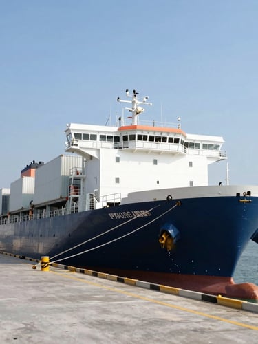 A modern refrigerated cargo ship docked at a clean port terminal during bright daylight, pristine logistics setup, crisp editorial photography